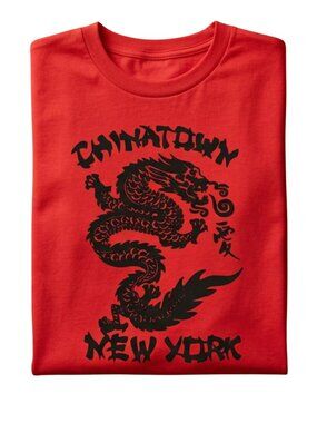 Chinatown New York Dragon Graphic T-Shirt Red Crew Neck Streetwear Tee S-XL